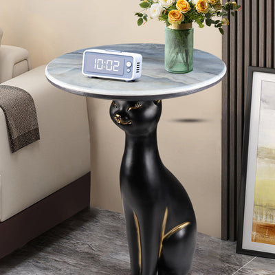 Contemporary Scandinavian Round Puppy Kitten Marble Stainless Steel Side Table 1-Tier For Living Room