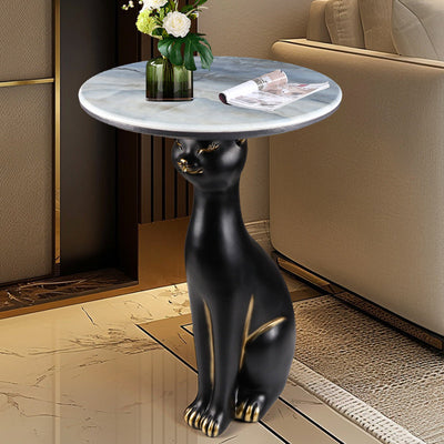 Contemporary Scandinavian Round Puppy Kitten Marble Stainless Steel Side Table 1-Tier For Living Room