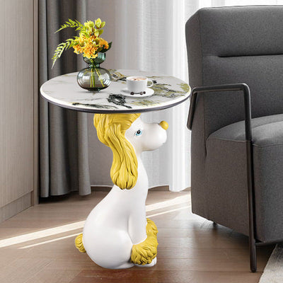 Contemporary Scandinavian Round Puppy Kitten Marble Stainless Steel Side Table 1-Tier For Living Room