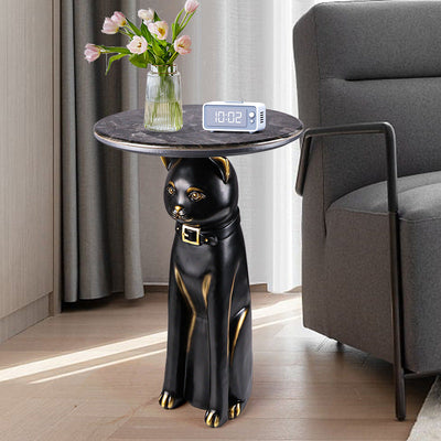 Contemporary Scandinavian Round Puppy Kitten Marble Stainless Steel Side Table 1-Tier For Living Room