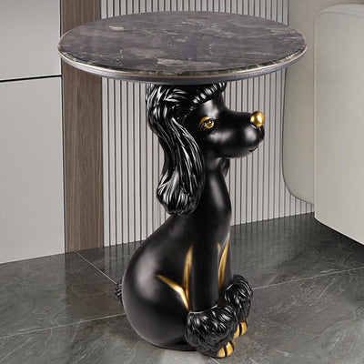 Contemporary Scandinavian Round Puppy Kitten Marble Stainless Steel Side Table 1-Tier For Living Room