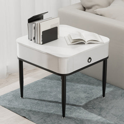 Modern Minimalist Square Rectangle Cylinder Rock Slab Metal Side Table 1-Tier For Living Room