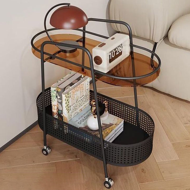 Contemporary Creative Oval Cylinder Tempered Glass Iron Side Table 2-Tier For Living Room