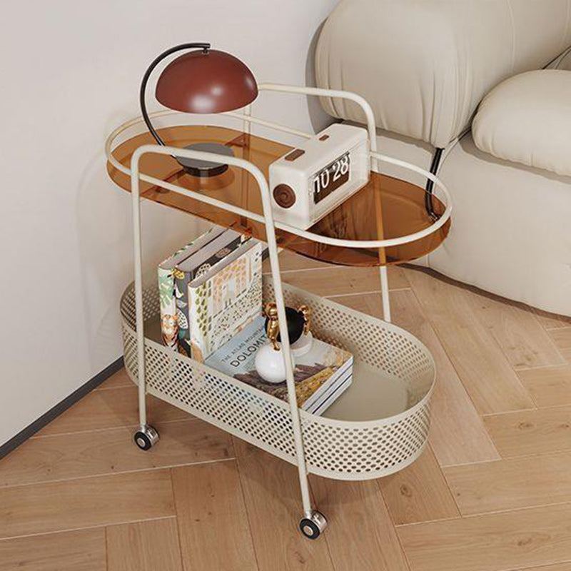 Contemporary Creative Oval Cylinder Tempered Glass Iron Side Table 2-Tier For Living Room