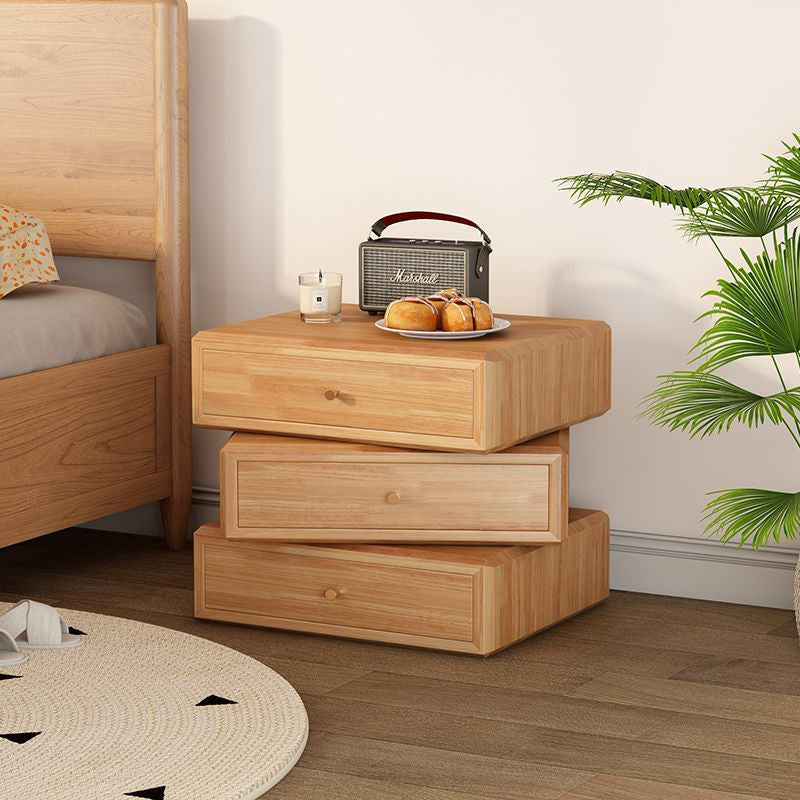 Contemporary Retro Square Solid Wood Rotatable Nightstand 3-Drawer Multifunctional Storage Cabinet For Bedroom