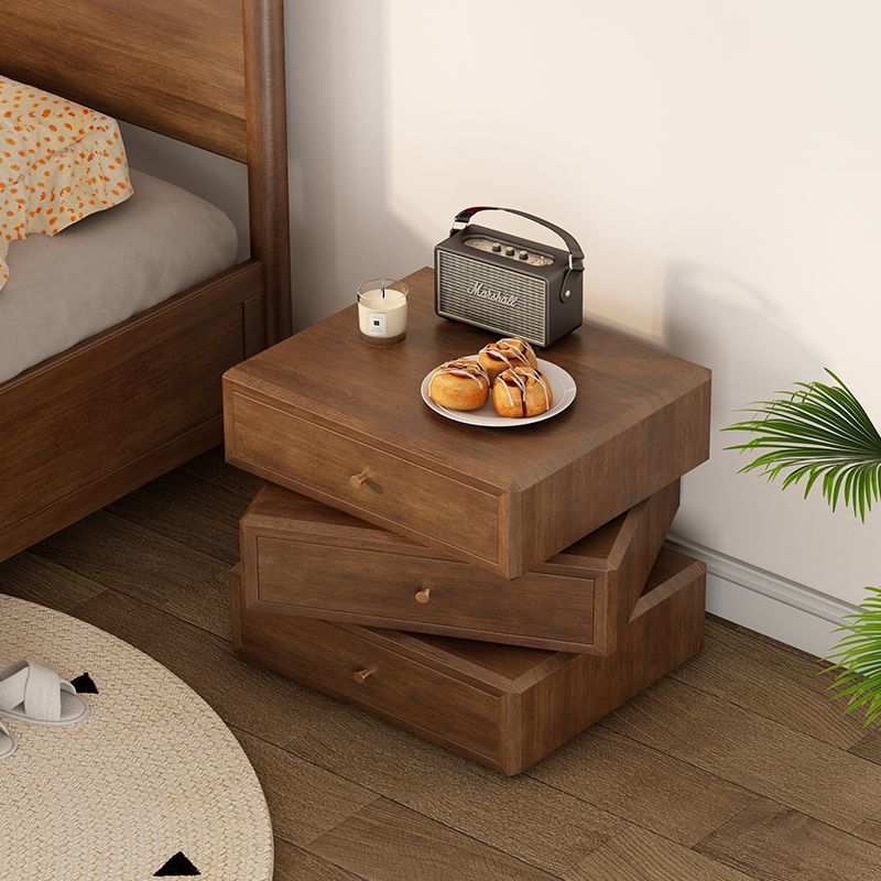 Contemporary Retro Square Solid Wood Rotatable Nightstand 3-Drawer Multifunctional Storage Cabinet For Bedroom