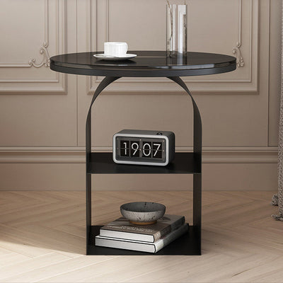 Contemporary Nordic Round Glass Top Iron Pedestal Base End Table 2-Tier Storage Shelves For Living Room