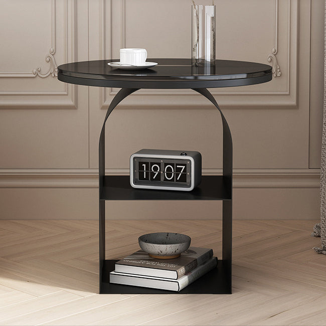 Contemporary Nordic Round Glass Top Iron Pedestal Base End Table 2-Tier Storage Shelves For Living Room