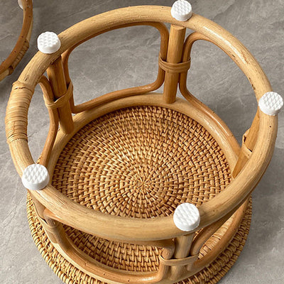 Contemporary Boho Round Rattan Weaving Wood Base Coffee Table For Living Room