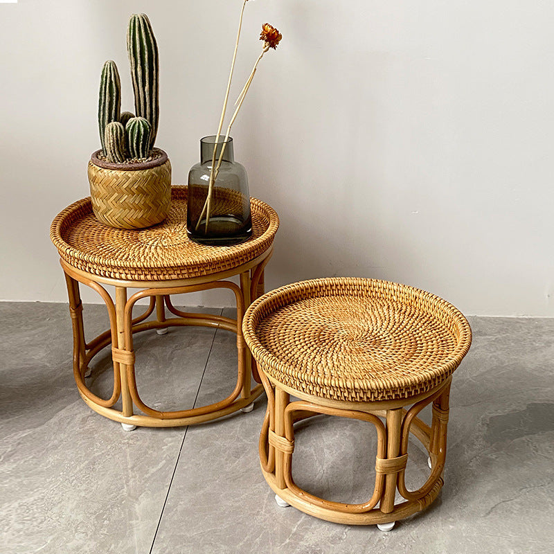 Contemporary Boho Round Rattan Weaving Wood Base Coffee Table For Living Room