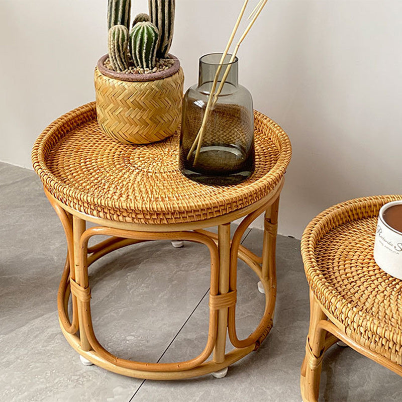 Contemporary Boho Round Rattan Weaving Wood Base Coffee Table For Living Room