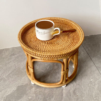 Contemporary Boho Round Rattan Weaving Wood Base Coffee Table For Living Room