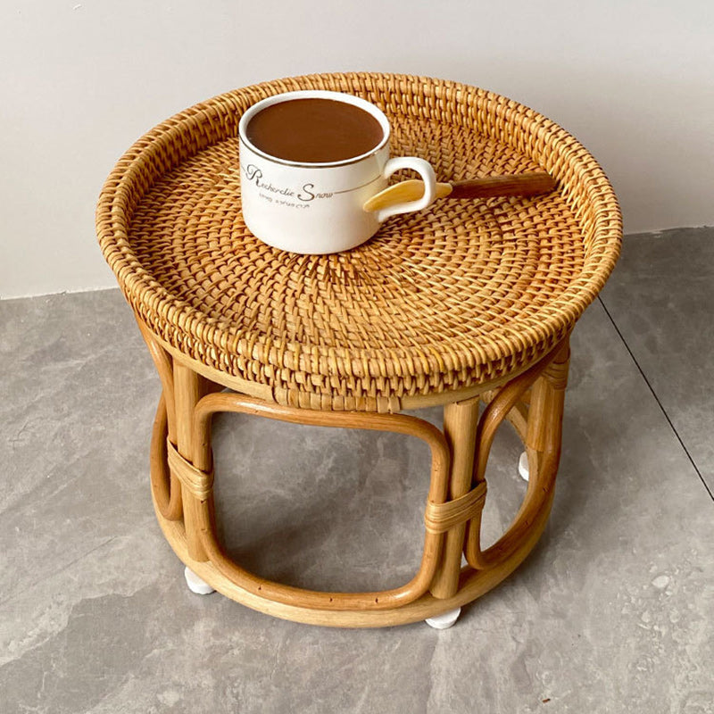 Contemporary Boho Round Rattan Weaving Wood Base Coffee Table For Living Room