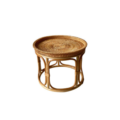 Contemporary Boho Round Rattan Weaving Wood Base Coffee Table For Living Room