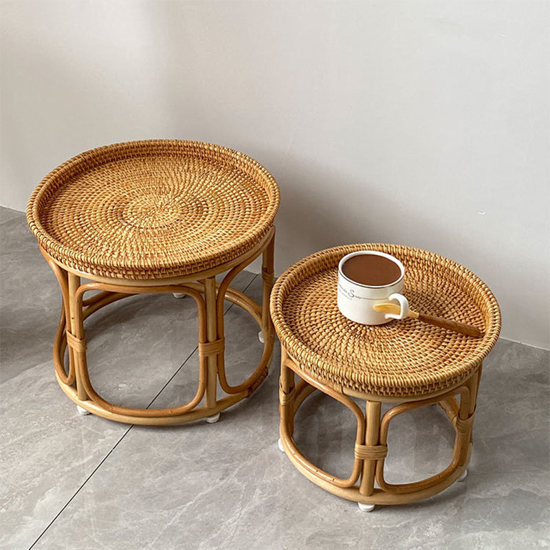 Contemporary Boho Round Rattan Weaving Wood Base Coffee Table For Living Room