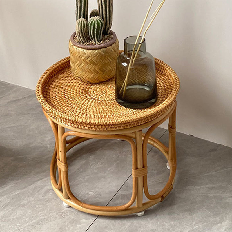 Contemporary Boho Round Rattan Weaving Wood Base Coffee Table For Living Room