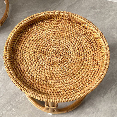 Contemporary Boho Round Rattan Weaving Wood Base Coffee Table For Living Room