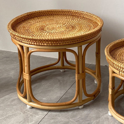 Contemporary Boho Round Rattan Weaving Wood Base Coffee Table For Living Room