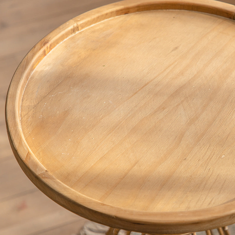 Traditional Japanese Round Solid Wood Tray Top Iron Base Coffee Table For Living Room