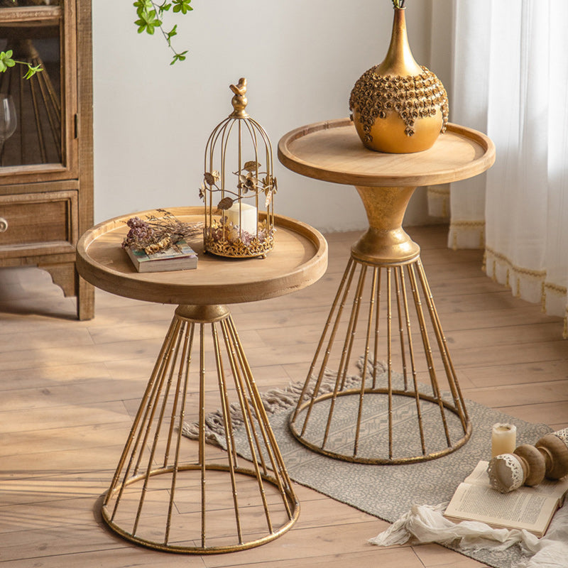 Traditional Japanese Round Solid Wood Tray Top Iron Base Coffee Table For Living Room