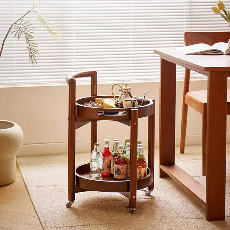 Traditional Vintage Round Solid Wood Tray Top End Table 2-Tier Rolling Cart For Living Room