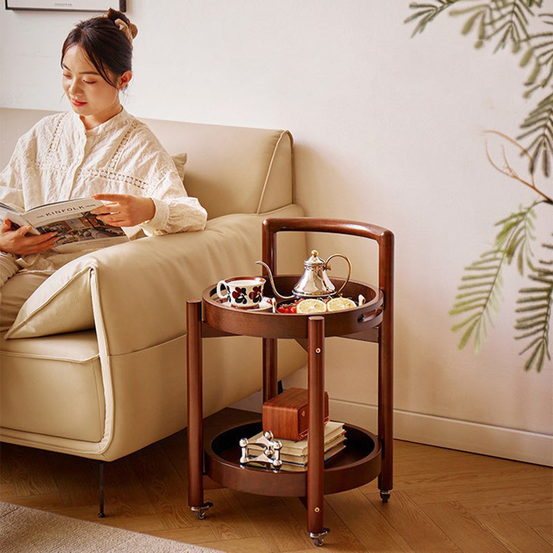 Traditional Vintage Round Solid Wood Tray Top End Table 2-Tier Rolling Cart For Living Room