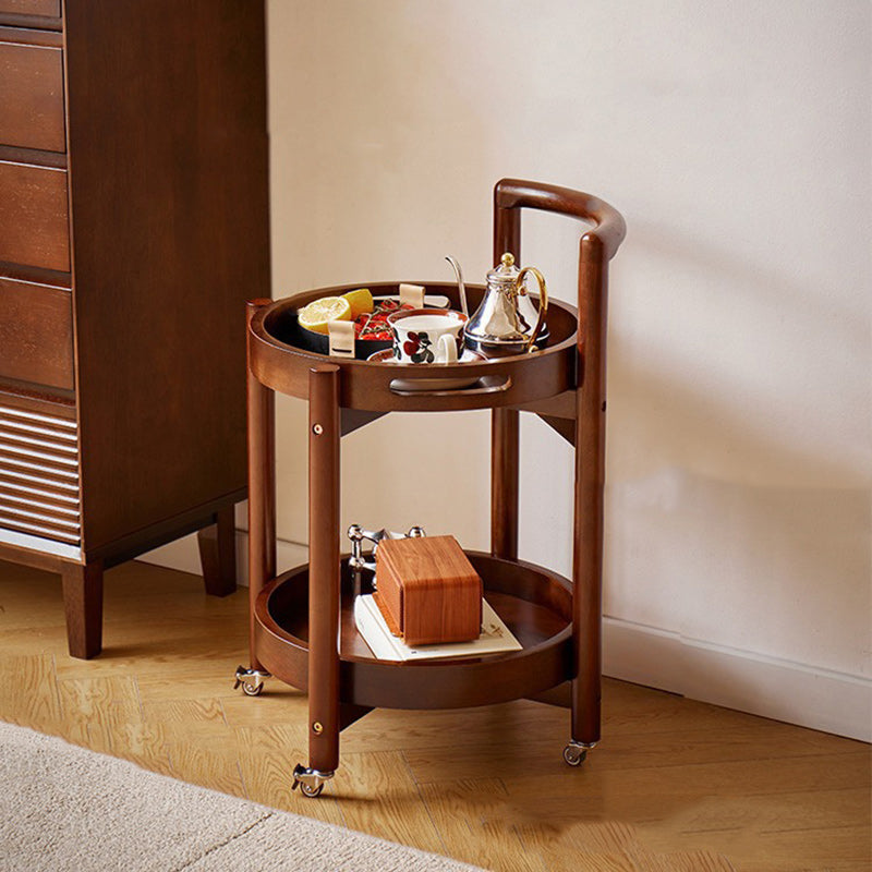 Traditional Vintage Round Solid Wood Tray Top End Table 2-Tier Rolling Cart For Living Room