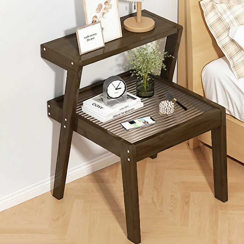 Modern Minimalist Square Wood Glass Nightstand 2-Tier For Bedroom