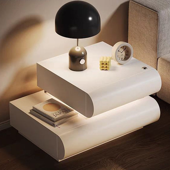 Modern Minimalist Cream Strip Light Double Rectangular Wood Rock Slab Nightstand 2-Drawer For Bedroom