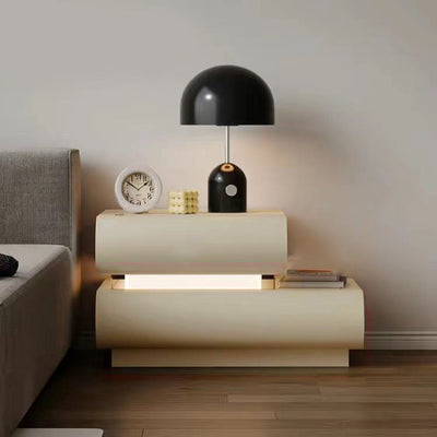 Modern Minimalist Cream Strip Light Double Rectangular Wood Rock Slab Nightstand 2-Drawer For Bedroom