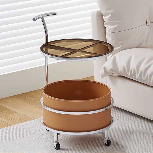 Modern Minimalist Cream Removable Round Glass Stainless Steel End Table 2-Tier For Living Room