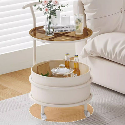 Modern Minimalist Cream Removable Round Glass Stainless Steel End Table 2-Tier For Living Room