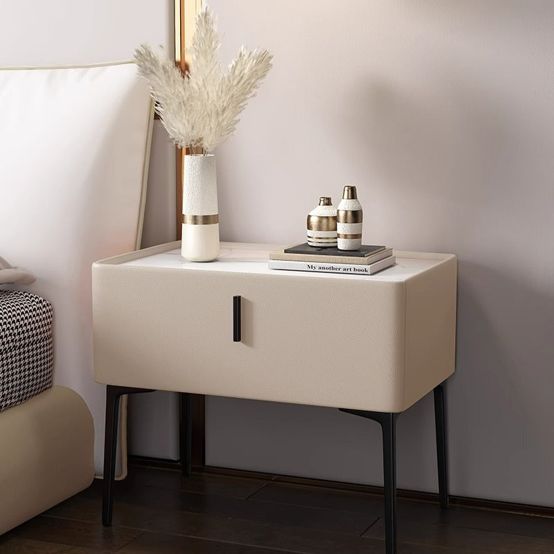 Contemporary Scandinavian Cream Rectangular Wood Rock Slab Nightstand 1-Drawer For Bedroom