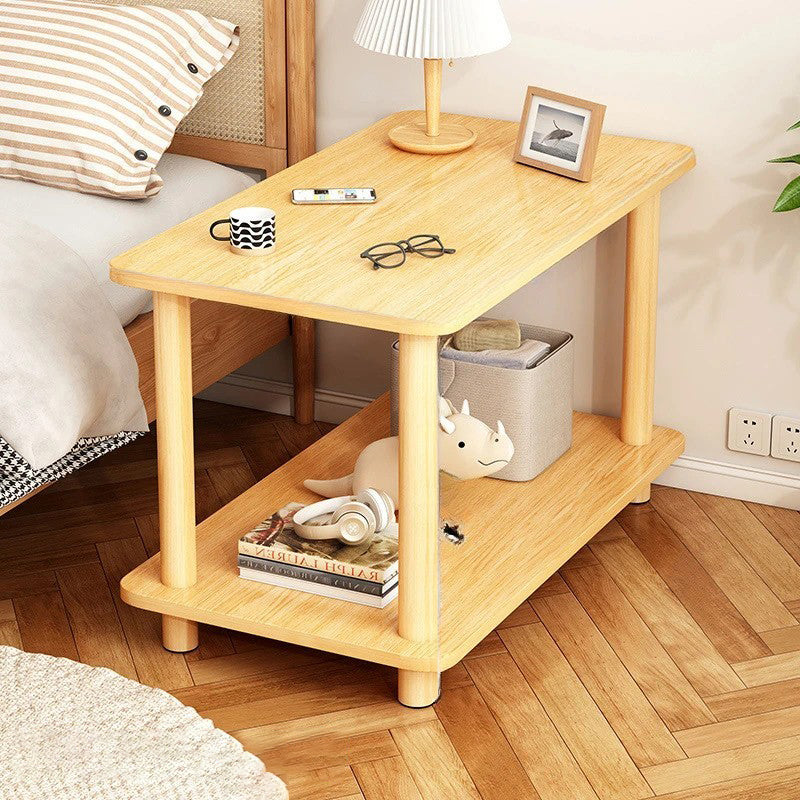 Modern Minimalist Square Rectangle Wood Rock Slab Side Table 2-Tier For Living Room