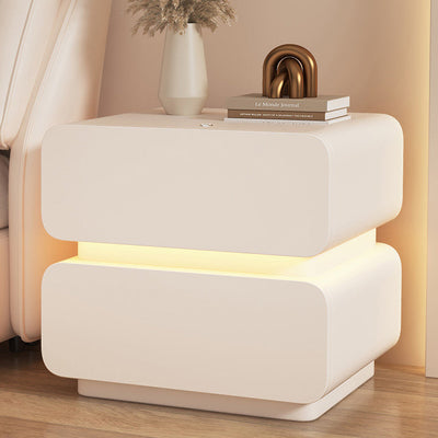 Contemporary Scandinavian Cream Sensor Light Square Wood Nightstand 2-Drawer For Bedroom