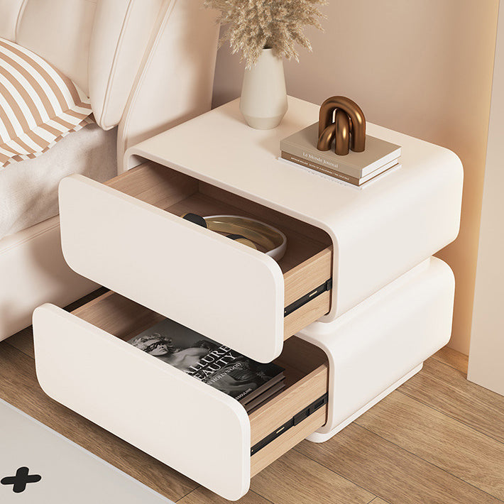 Contemporary Scandinavian Cream Sensor Light Square Wood Nightstand 2-Drawer For Bedroom