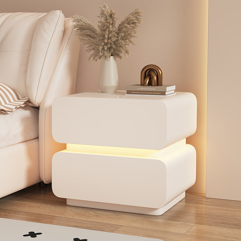 Contemporary Scandinavian Cream Sensor Light Square Wood Nightstand 2-Drawer For Bedroom