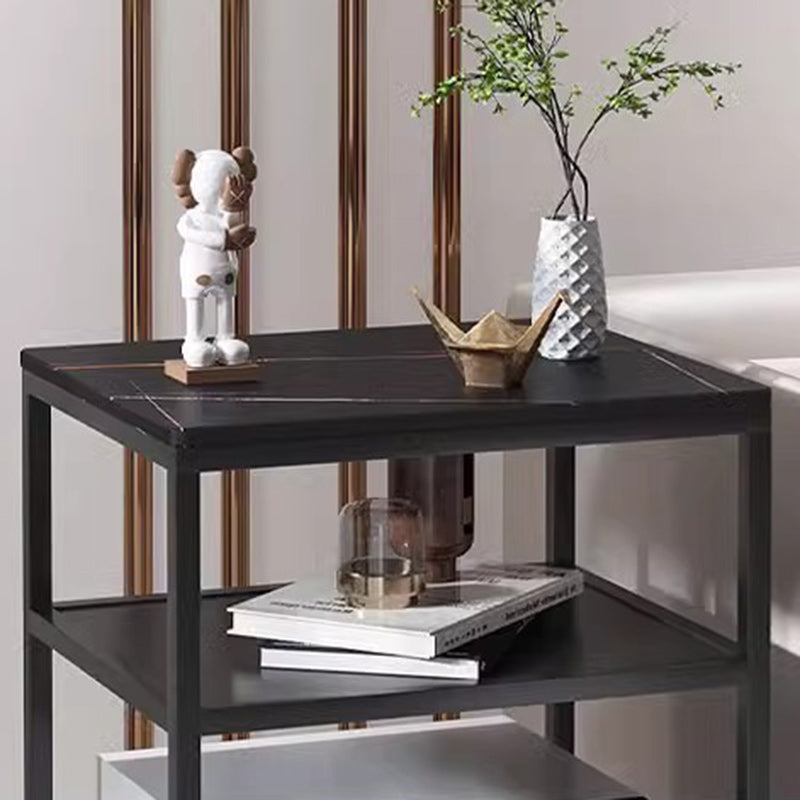 Modern Luxury Square Rectangular Metal Rock Slab End Table 2-Tier For Living Room