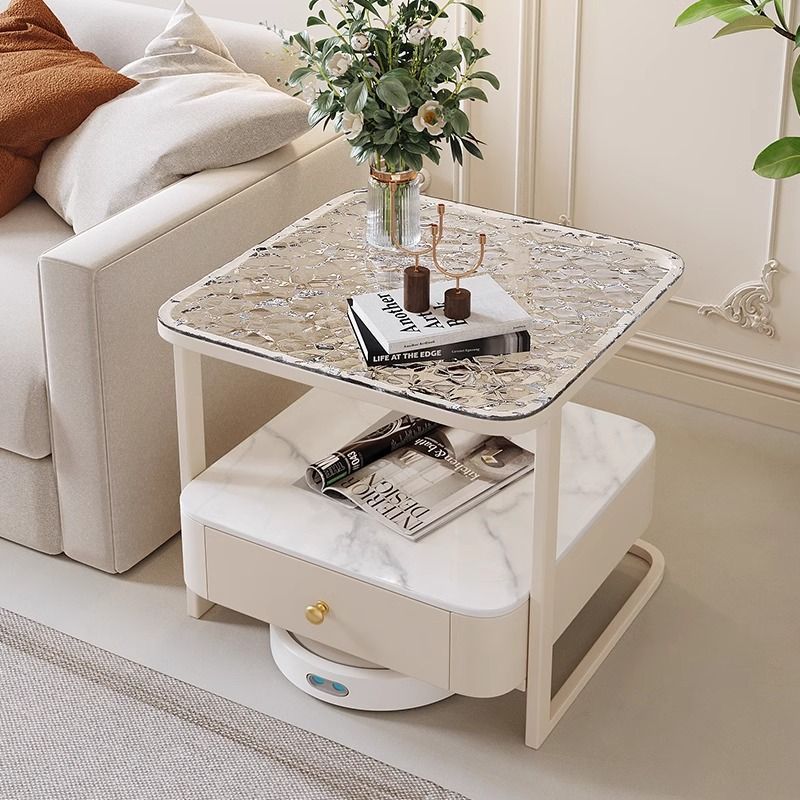 Contemporary Scandinavian Cream Square Metal Wood Rock Slab Glass End Table 1-Drawer For Living Room