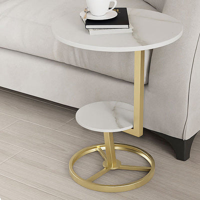 Contemporary Creative Round Iron Rock Slab End Table 2-Tier For Living Room