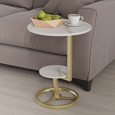 Contemporary Creative Round Iron Rock Slab End Table 2-Tier For Living Room