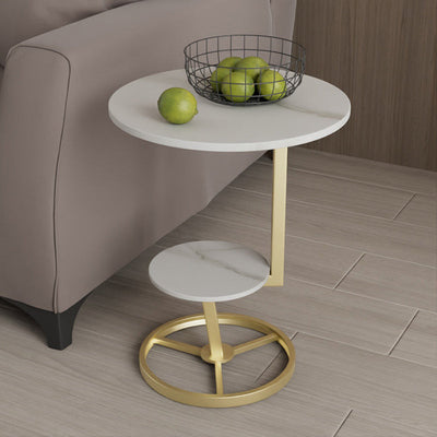 Contemporary Creative Round Iron Rock Slab End Table 2-Tier For Living Room