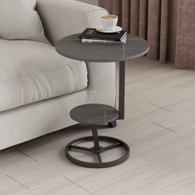 Contemporary Creative Round Iron Rock Slab End Table 2-Tier For Living Room