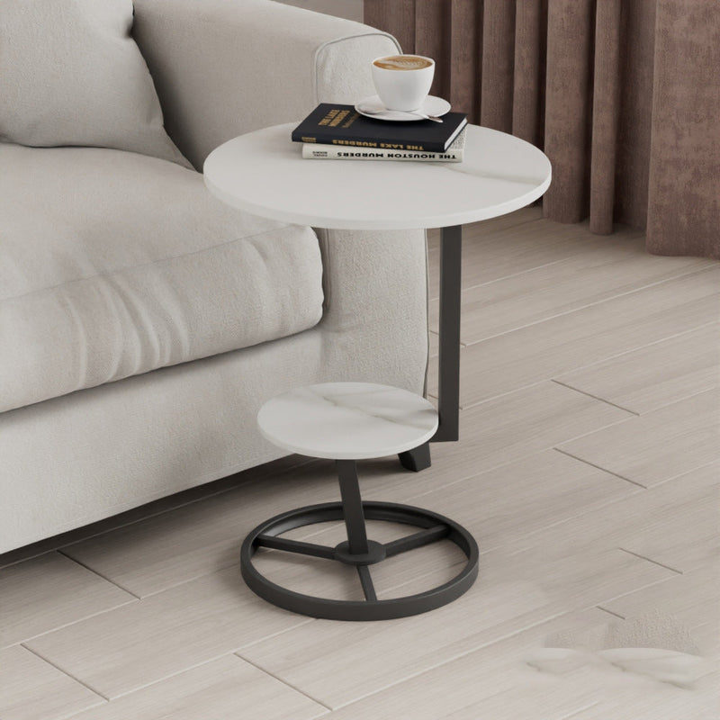 Contemporary Creative Round Iron Rock Slab End Table 2-Tier For Living Room