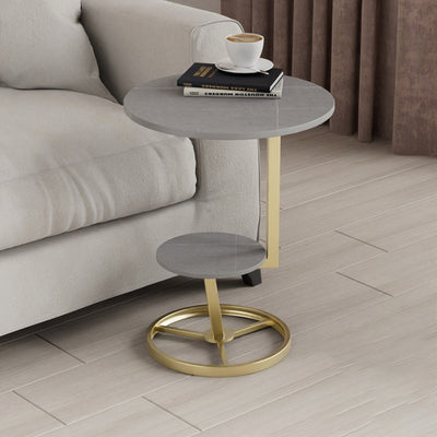 Contemporary Creative Round Iron Rock Slab End Table 2-Tier For Living Room