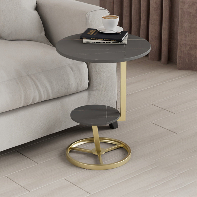 Contemporary Creative Round Iron Rock Slab End Table 2-Tier For Living Room