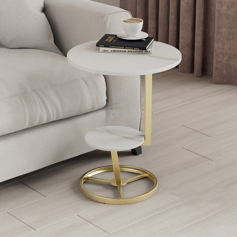 Contemporary Creative Round Iron Rock Slab End Table 2-Tier For Living Room