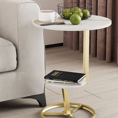 Contemporary Creative Round Iron Rock Slab End Table 2-Tier For Living Room