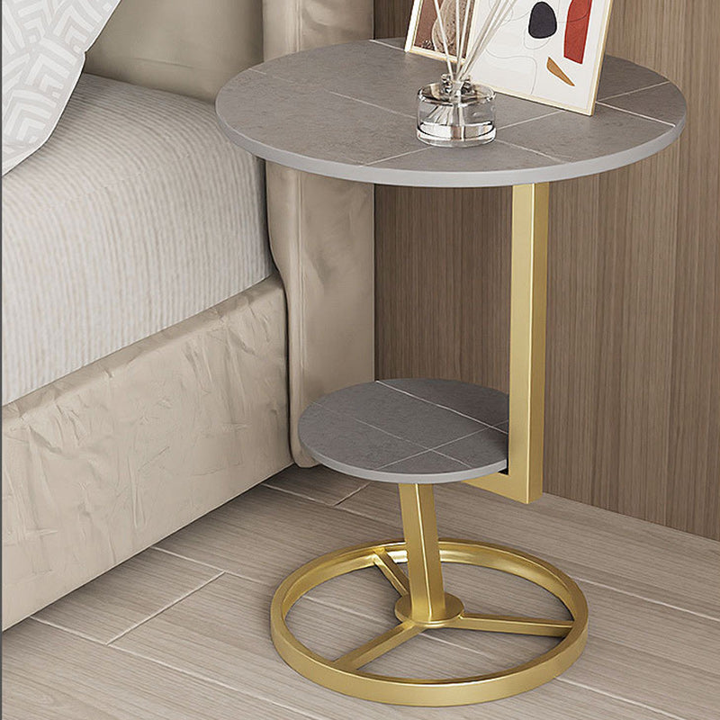 Contemporary Creative Round Iron Rock Slab End Table 2-Tier For Living Room