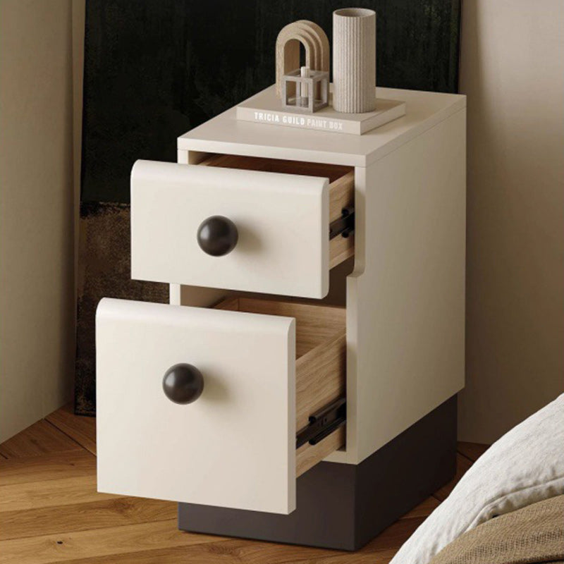 Modern Minimalist Cream Rectangle Laminate Wood Baking Paint Board Nightstand 2-Drawer For Bedroom